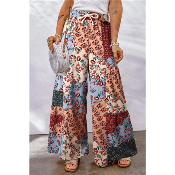 Full Size Drawstring Printed Wide Leg Pants - Picture 1 of 15